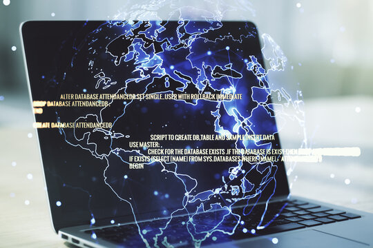 Multi exposure of abstract programming language hologram with world map on computer background, artificial intelligence and neural networks concept