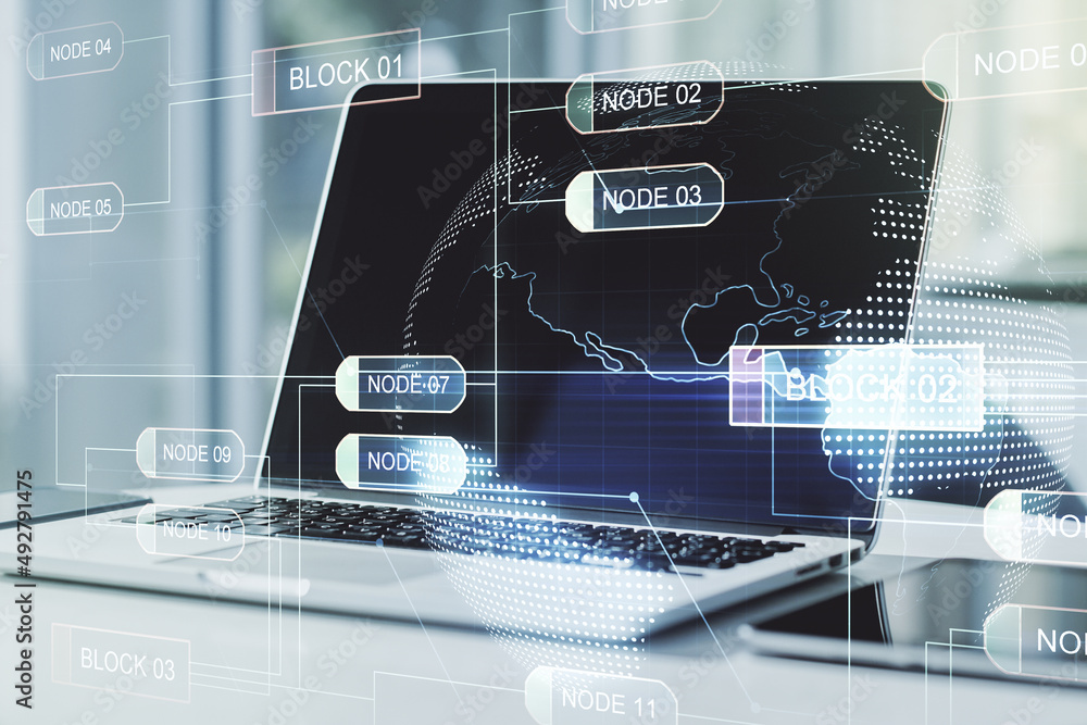 Poster double exposure of abstract programming language with world map on laptop background, research and d
