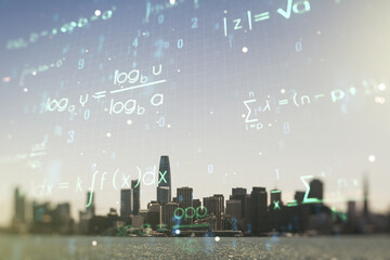 Scientific formula hologram on San Francisco office buildings background, research concept....