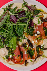 Italian Piadina with prosciutto, sun-dried tomatoes, greens mix, pesto, bechamel and mozzarella. Red background