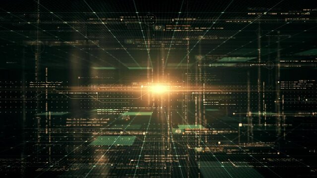 Futuristic cryptocurrency blockchain Matrix simulation of cryptographic hash mining concept, performing analytic computational. Loop Head Up Display background