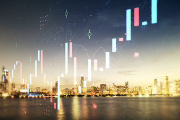 Multi exposure of virtual abstract financial graph interface on Chicago cityscape background, financial and trading concept