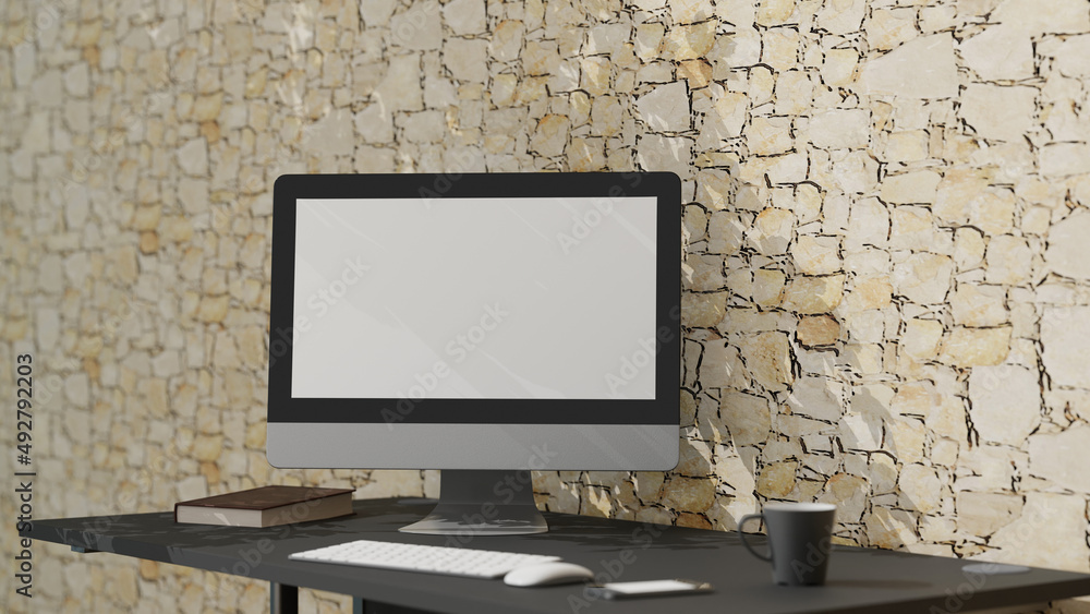 Poster blank screen desktop computer on desk with books and cup. 3d rendering