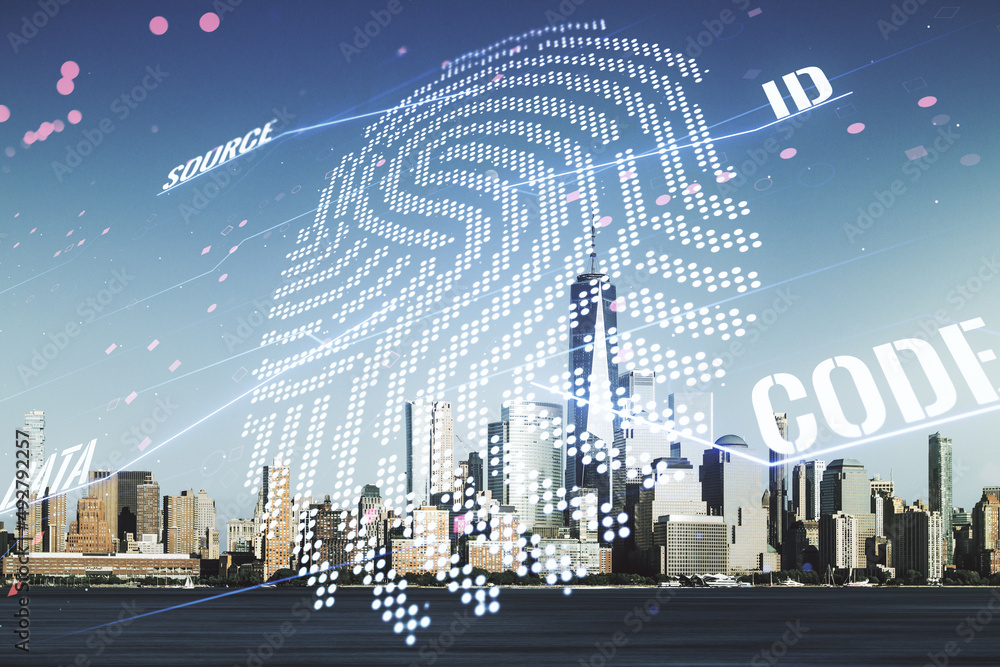 Aufkleber Multi exposure of virtual graphic fingerprint sketch on Manhattan cityscape background, fingerprint scan data concept