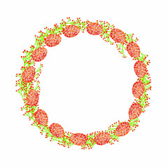 Elegant Easter greeting card. Floral wreath and colorful eggs.