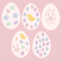 Easter eggs with rabbit, chick, flower, leaves ornament