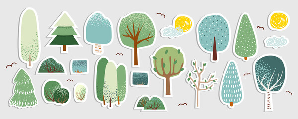 Set of trees stickers with white outline. Vector hand drawn illustration. - 492792282