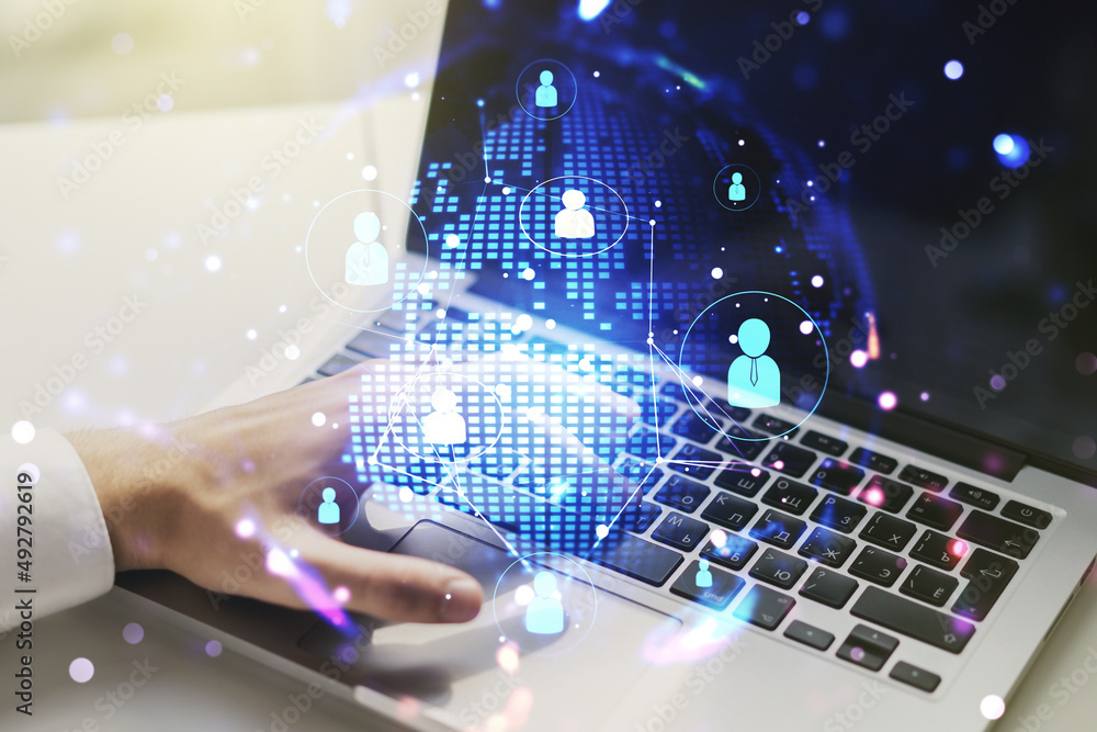 Poster social network media concept with world map and hands typing on computer keyboard on background. dou