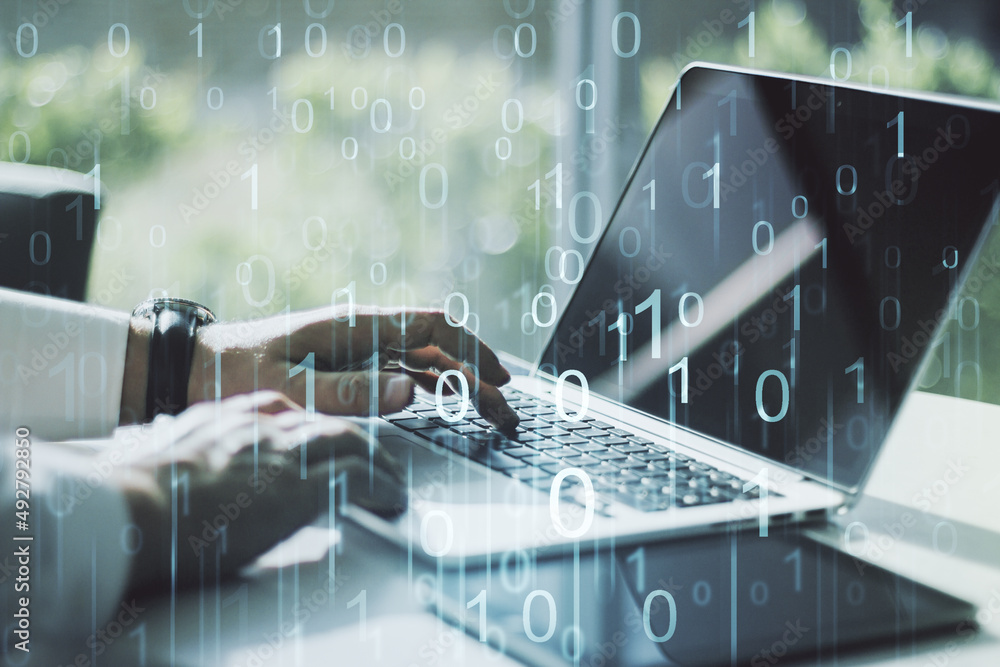 Poster creative concept of binary code illustration and hands typing on laptop on background. big data and 