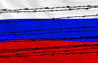 Flag of Russia under barbed wire.