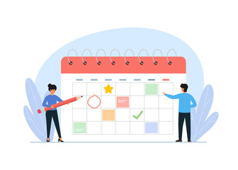 Planning schedule, organization of task on huge calendar. Planning strategy and time management. Vector Illustration.