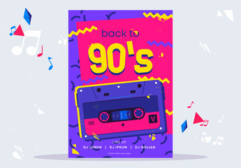 Vector illustration of a disco template, a return to the 90s themed party, retro audio cassette