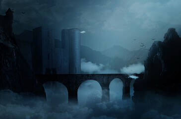 Bridge and castle in night fog, smoke. Scary and mystic theme. Conceptual background for your design, poster, ad. Wallpaper for gadget screen