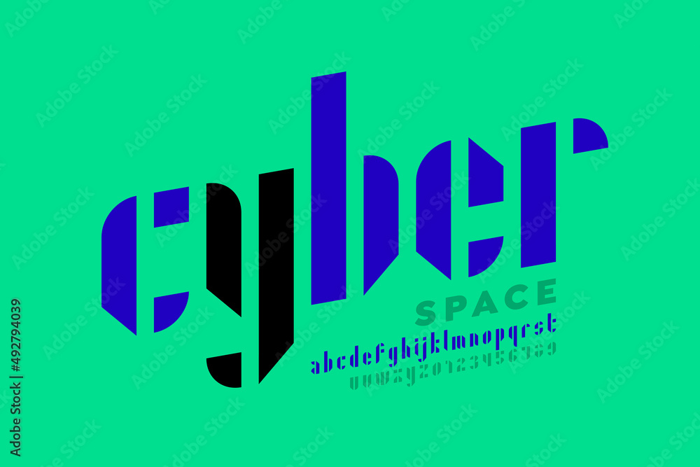 Aufkleber cyber space technological style font design, alphabet letters and numbers vector