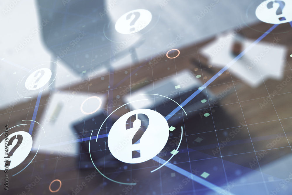 Poster creative concept of question mark illustration and modern desktop with computer on background. faq a