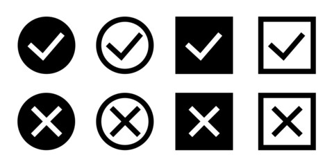 Check mark and cross icons. Circle and square. Isolated. Vector