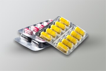 Pile of tablets in blister packs. Package. Pharmacy and medicine concept.
