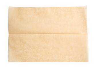 Sheet of brown baking paper on white background, top view