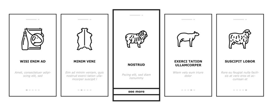 Sheep Breeding Farm Business Onboarding Mobile App Page Screen Vector. Sheep Breeding And Food Producing From Farmland Animal, Lamb Meat And Milk . Lanolin Wool Wax And Electric Devices Illustrations