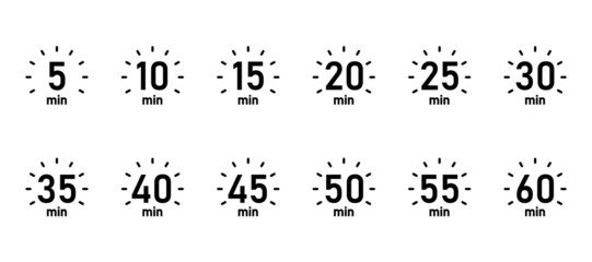 10, 15, 20, 25, 30, 35, 40, 45, 50 min,Timer, clock, stopwatch isolated set icons. Great design for any purposes. Vector logo	