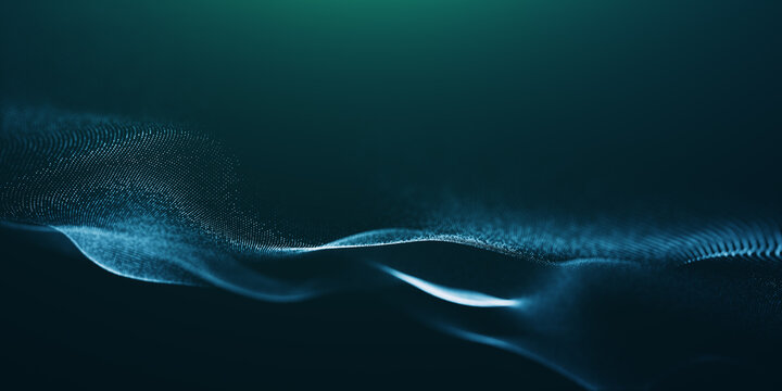 Blue particles wave background. Abstract dynamic mesh. Big data technology.	