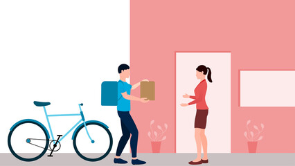 man delivering package to customer with bicycle, delivery business vector illustration on white background.