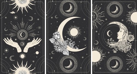 The face of moon, magic hands, planets and flowers. Tarot card, astrological illustration.