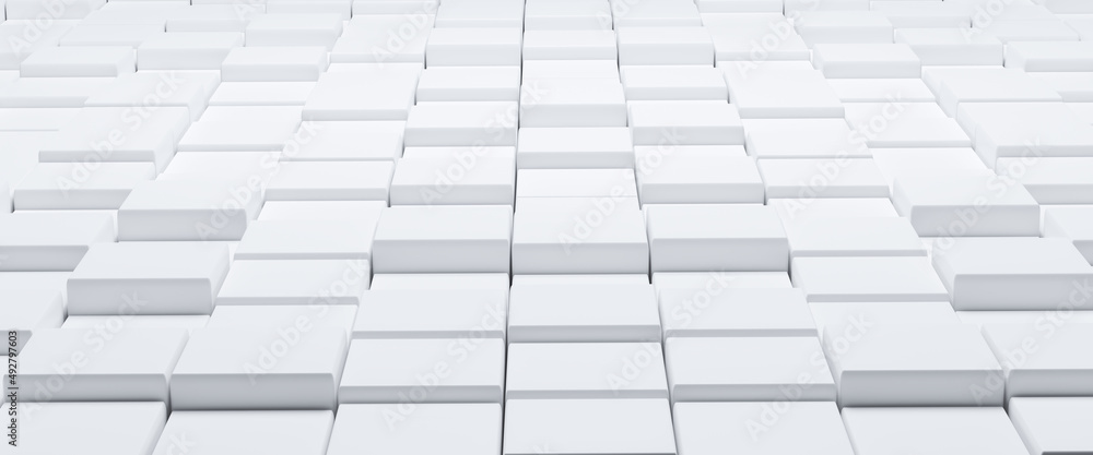 Poster abstract and illustration of white box or cube background, marble cubes in random level broken up in