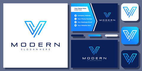 Initial Letter V Technology Modern Futuristic Minimal Monogram Vector Logo Design with Business Card