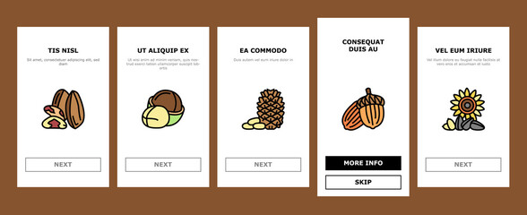 Nut Delicious Natural Nutrition Onboarding Mobile App Page Screen Vector. Peanut And Almond Nut, Walnut And Hazelnut, Sesame Cashew Tasty Vitamin Food. Pistachio And Cocoa, Soy And Acorn Illustrations