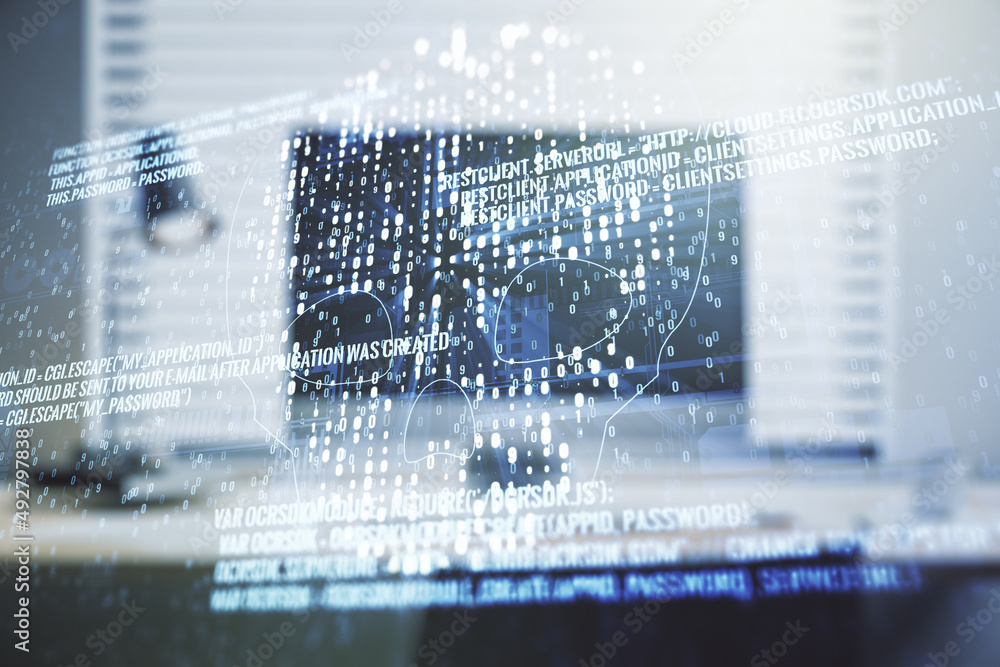 Poster creative code skull sketch on modern laptop background, theft of personal data and malware concept. 