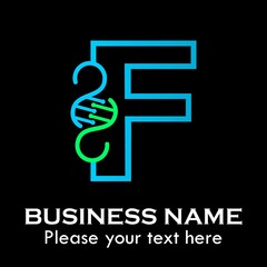 Letter f DNA logo template. Design with chromosome symbol. Suitable for research, science, medical, logotype, technology, lab, molecule, protein, nucleus etc