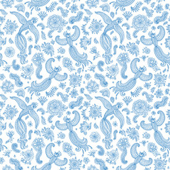 Vector Seamless pattern with Fantasy birds, turquoise blue contour thin line drawing on a white background. Embroidery, wallpaper, textile print