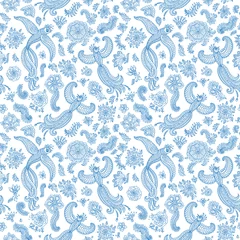 Wall murals Blue and white Vector Seamless pattern with Fantasy birds, turquoise blue contour thin line drawing on a white background. Embroidery, wallpaper, textile print