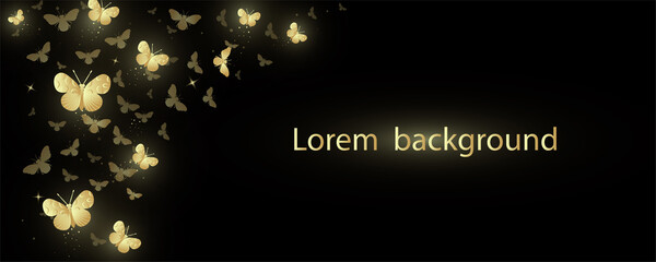 Banner with decorative shining golden butterflies on a black background. Vector illustration.