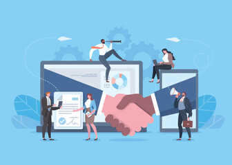 The concept of business online contract, transaction, agreement, or opening a new startup. The flat vector illustration style of teamwork and handshake via mobile phone and laptop.
