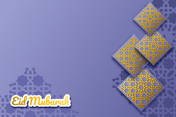 vector of eid mubarak. eid mubarak banner with islamic pattern as decoration. purple as main color . eid fitr background. geometric shape. good for greeting card, poster, etc.
