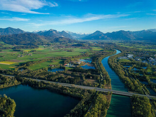 Looking across the river Inn at the Austrian alps