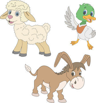 Vector image of sheep, donkey and duck, for coloring book.