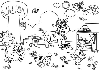 Happy farm animals enjoying Springtime. Black and white vector illustration for children.