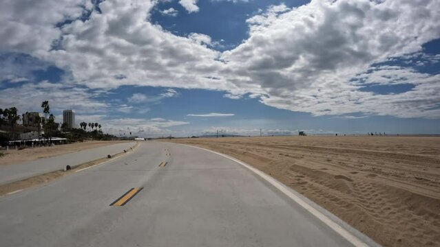 Riding view of the Santa Monica Beach bike path in Southern California.