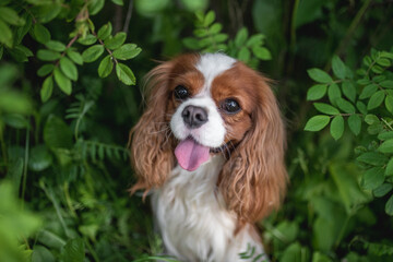 Cute cavalier king charles spaniel dog among spring green grass