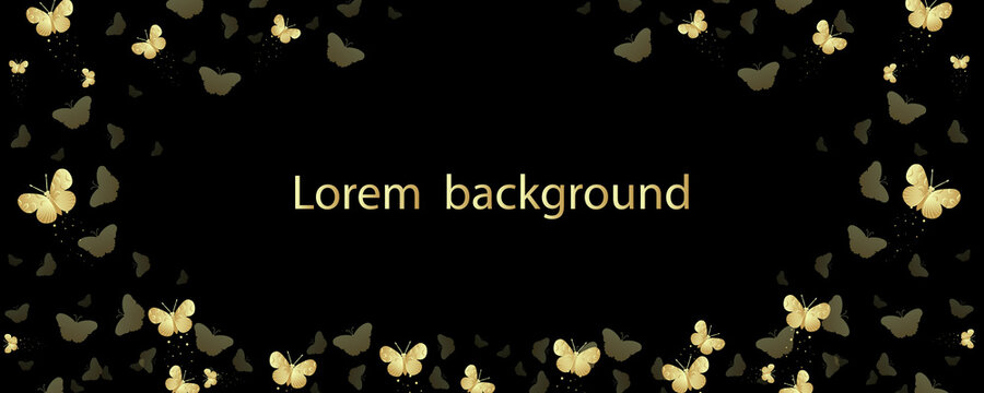 Banner with decorative shining golden butterflies on a black background. Vector illustration.