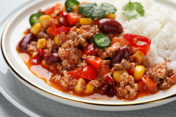 Plate of rice with chili con carne on table, closeup