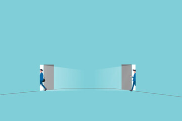  Staff turnover or job rotation in people management, human resources to manage to recruit new people for replacement concept, businessman new hire entering office while other resigned for new job.