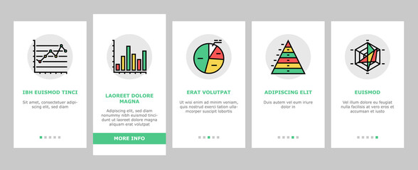 Graph For Analyzing And Research Onboarding Mobile App Page Screen Vector. Hierarchy And Binary Decision Diagram, Bar Graph, Radar And Stacked Area Chart Line. Pareto Venn Infographic Illustrations