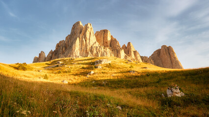 Autumn landscape. Mountain with rocky peak Big Thach in sunset, Adygea, Russia.