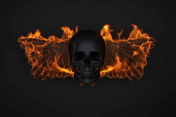 burning bird wings with black skull on a black background