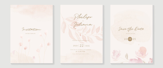 Floral and botanical line art invitation card template. Set of hand drawn wedding ceremony with flower, blooms, branch. Blue blossom watercolor design suitable for flyer, greeting, banner, cover.