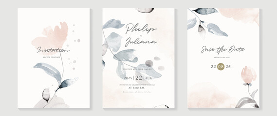 Floral and botanical line art invitation card template. Set of hand drawn wedding ceremony with flower, blooms, branch. Blue blossom watercolor design suitable for flyer, greeting, banner, cover.